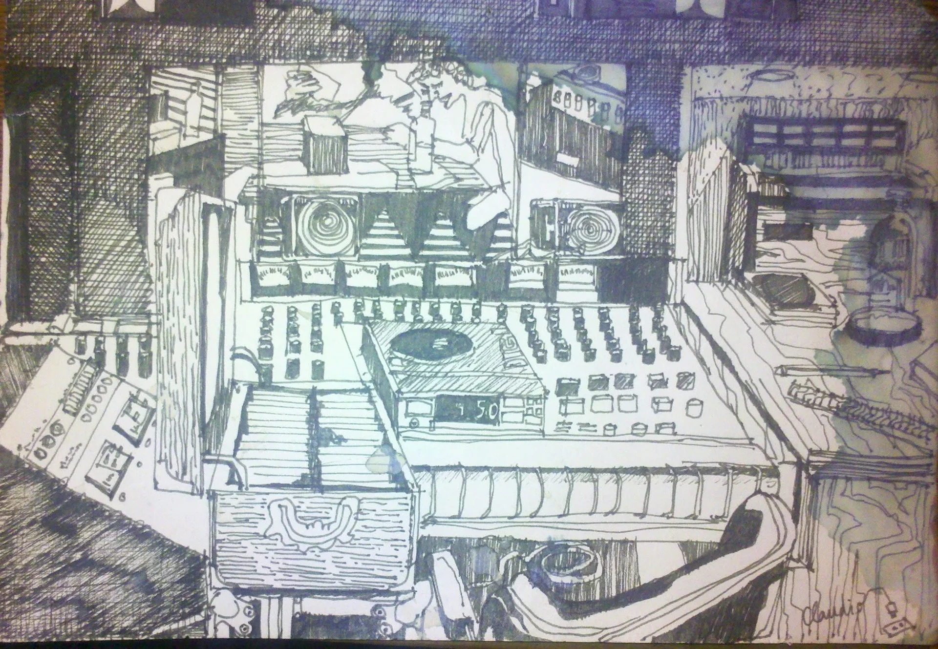 Perspectiva de estudio de grabación dibujada a mano por Claudio Wertheim